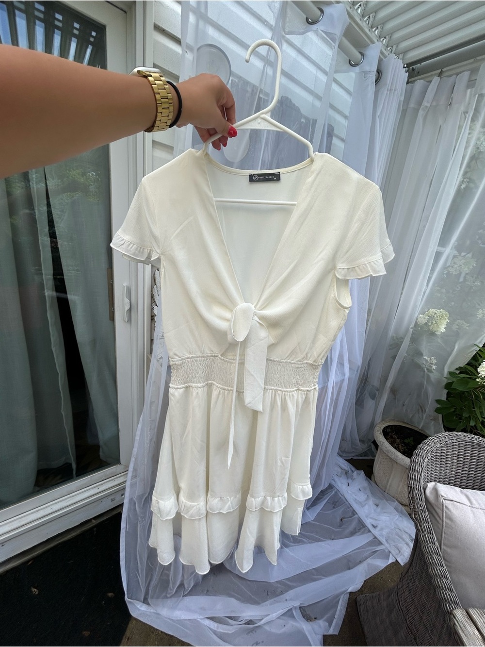 White Tie-Front Short Sleeve Ruffle Dress